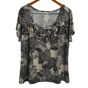 Van Heusen Blouse XXL Rose Floral Ruffled Square Neck Cream Black Gray Dressy